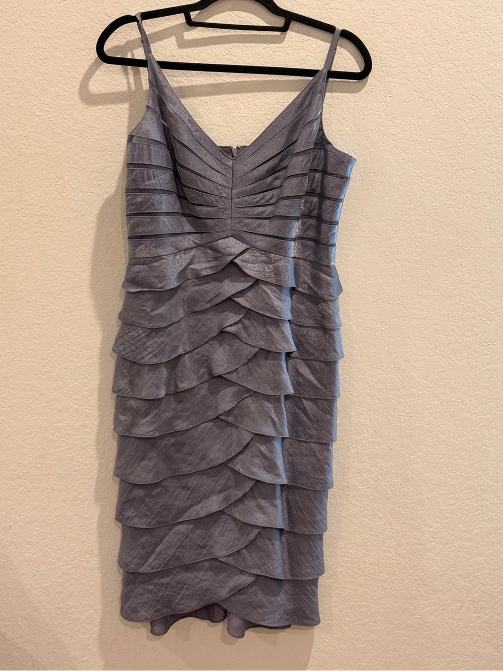 Adrianna Papell Slate Gray Tiered Ruffle V-Neck Midi Dress